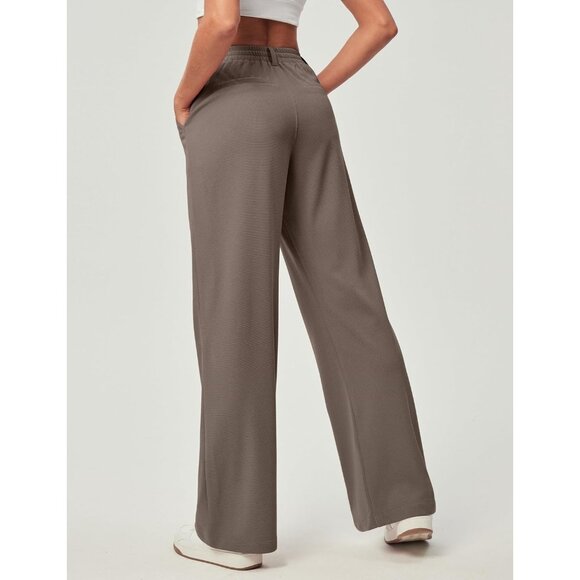 Women Stretchy Wide Leg Work Pants Pull On Brown 28'' Tall Casual Dress Slack - Picture 2 of 5